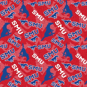 May include: Red fabric with a repeating pattern of the letters "SMU" in white and blue mustang silhouettes. The background has a textured, distressed appearance, with a subtle chevron design.