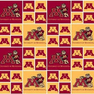 May include: A yellow and maroon fabric with a repeating pattern of the University of Minnesota logo, a stylized "M" with a gopher mascot, and the words "University of Minnesota".