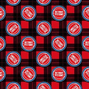 May include: A red and black plaid pattern with a repeating image of a basketball with the words "Detroit Pistons" in blue and white lettering.