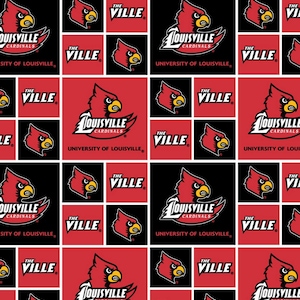 May include: A red and black repeating pattern featuring the University of Louisville Cardinals logo. The logo features a red cardinal bird with a black outline and the words "Louisville Cardinals" in a white arc above the bird. The words "The Ville" are also included in the pattern.