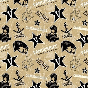 May include: A brown and black patterned fabric with a repeating design of a star, an anchor, a hand making a peace sign, and a figure in a military uniform. The text "Vanderbilt Commodores" and "Anchor Down" are repeated throughout the fabric.