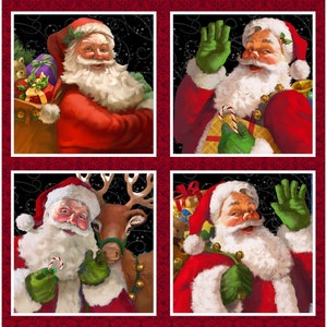 New SANTA PORTRAITS Red 100% Cotton Pillow Panels - 4 Panels including border trim by Bruce Park Collection