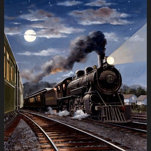 May include: A black steam locomotive pulls a train of passenger cars under a starry night sky. The train is illuminated by the moon and the locomotive's headlight. The train is traveling on a set of tracks with a wooden trestle bridge in the background.