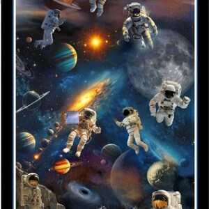 May include: A vibrant space-themed artwork featuring astronauts floating among planets, galaxies, and nebulae. The image showcases detailed illustrations of astronauts in spacesuits, with a backdrop of colorful planets and celestial bodies. The artwork evokes a sense of exploration and wonder.