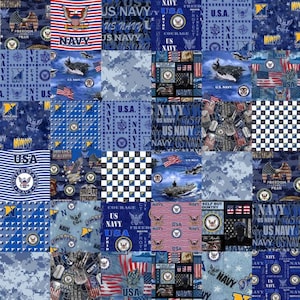 May include: A patchwork design featuring various navy blue and white patterns. The design includes US Navy emblems, American flags, aircraft carriers, and the text "US Navy" and "USA". The overall theme is patriotic.