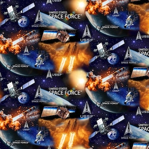 May include: A repeating pattern featuring space-themed imagery. The design includes planets, rockets, satellites, and explosions set against a starry background. The text "UNITED STATES SPACE FORCE" and the USSF logo are prominently displayed throughout the design.