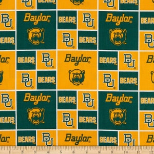 NCAA BAYLOR BEARS Roaring Patchwork Print Football 100% cotton fabric material, you choose length, licensed for Quilts, Crafts