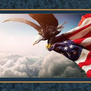 May include: A bald eagle with outstretched wings flies above a field of clouds, holding a waving American flag in its talons.