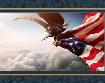 May include: A bald eagle with outstretched wings flies above a field of clouds, holding a waving American flag in its talons.
