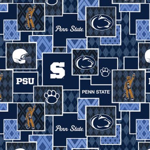 May include: A repeating pattern featuring the Penn State Nittany Lions logo, paw prints, and the words "Penn State" and "PSU" in white on a navy blue background. The design includes diamond and argyle patterns in shades of blue.