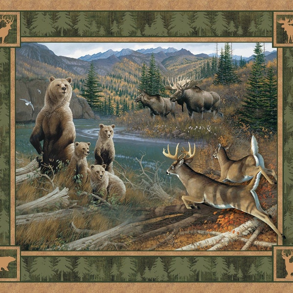 Neue große Wildtier NORTHERN RIM mit Hirsch, Bär, Elch auf 100% Baumwolle Panel für Quilts, Handwerk, Wandbehang Stil #17