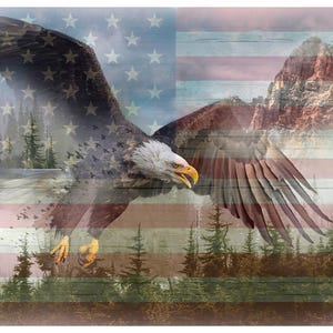 May include: A bald eagle with its wings spread wide, flying over a forest and mountains. The eagle is superimposed over an American flag with red, white, and blue stripes and white stars on a blue background.