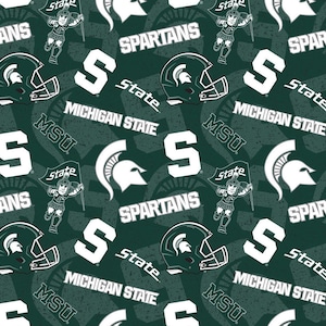 May include: A green and white fabric pattern featuring the Michigan State Spartans logo, including a Spartan helmet, the words "Michigan State", "MSU", and "Spartans", and the letter "S".