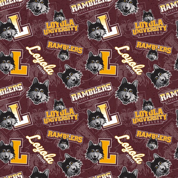 NCAA LOYOLA UNIVERSITY Chicago RAMBLERs Watermark Print 100% cotton fabric material you choose length licensed Quilts