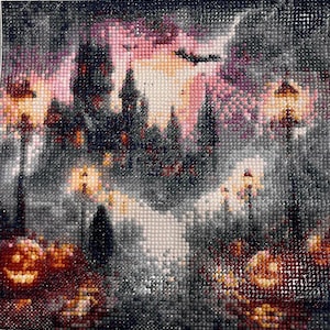 May include: A diamond painting depicting a spooky Halloween scene. The artwork features a castle, jack-o'-lanterns, and street lamps under a twilight sky. The color palette includes shades of orange, purple, gray, and black, creating a festive and eerie atmosphere.