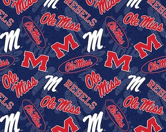 NCAA 'Ole MISS' MISSISSIPPI University Watermark Print #1 100% cotton fabric material you choose length licensed Quilts