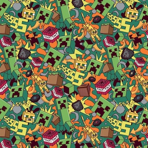 May include: A green and black pixelated character, known as "Creeper", is repeated in a pattern with other Minecraft-themed elements, including TNT blocks, a yellow cat-like creature, and the text "TNT".