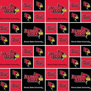 May include: Red and black fabric with a repeating pattern of the Illinois State University logo. The logo features a red cardinal with a yellow beak and the words "Illinois State" and "Redbirds".