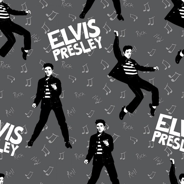 ELVIS PRESLEY King of Rock Dark Grey Print 100 % Baumwollstoffmaterial für Kunsthandwerk, Quilts, Kleidung und Heimdekoration, lizenziert