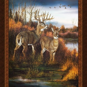 May include: A painting of two white-tailed deer standing in a forest clearing near a pond. The deer are looking at each other, and the larger buck has a large rack of antlers. The background is a soft blue sky with a flock of birds flying overhead.