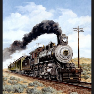 May include: A black steam locomotive with a plume of smoke trailing behind it, pulling a train of passenger cars across a desert landscape. The locomotive is numbered "1000" and has the word "INTENSE" written on the side. The train is traveling on a single track with telephone poles and wires along the side.