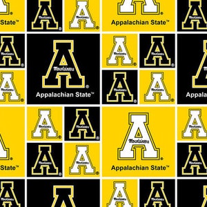 May include: A repeating pattern featuring the Appalachian State University logo. The design alternates between black and yellow squares, each displaying a white "A" with a black outline and the word "Mountaineers" inside. The text "Appalachian State" is also present.