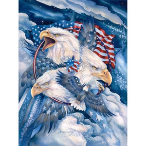New Large AMERICAN BALD EAGLE with flag on 100% Cotton Panel for quilts, crafts, wall hanging style #9