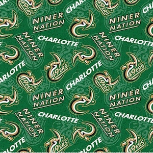 May include: Green fabric with a repeating pattern of the Charlotte 49ers logo, the words "Niner Nation" and "Charlotte".