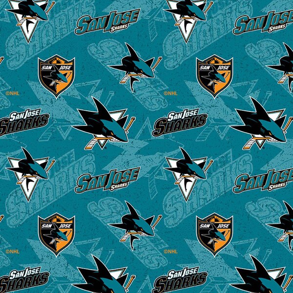 NHL SAN JOSE SHARKs Hockey 100% cotton Water Mark Print fabric material choose amount licensed for Crafts, Quilts, clothing, Home Decor