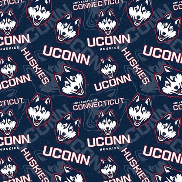 NCAA UNIVERSITY of CONNECTICUT HUSKIEs Watermark Print Football 100% cotton fabric material, you choose length, licensed for Quilts, Crafts