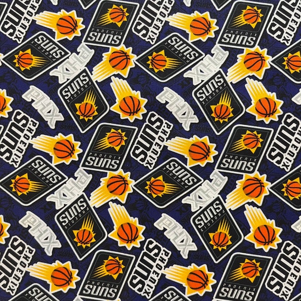 NBA PHOENIX SUNS Tossed Logo Print 100% cotton fabric material you choose the size, licensed for Crafts, Quilts, Home Decor