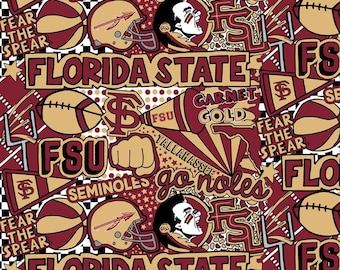 Może przedstawiać: Kolorowy, graficzny wzór z logo Florida State Seminoles, słowami "Florida State", "Seminoles", "go 'noles", "FSU", "Garnet Gold" i "Fear the Spear".