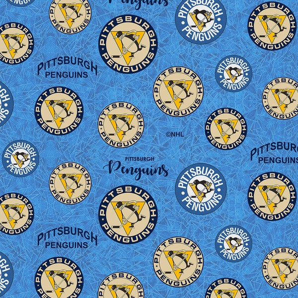 NHL PITTSBURGH PENGUINS Throwback Print 100% cotton fabric material you choose amount licensed for Crafts, Quilts, clothing, Home Decor