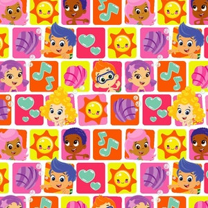 May include: A colorful tile pattern featuring cartoon characters, hearts, seashells, musical notes, and suns. The characters are all wearing swimsuits and have different hair colors and styles.