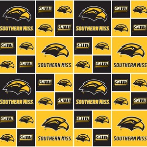 May include: A repeating pattern featuring the Southern Miss Golden Eagles logo. The design includes the eagle head, the text "SOUTHERN MISS," and the text "SMTTT!" in a grid of black and gold squares. The eagle is black and gold.