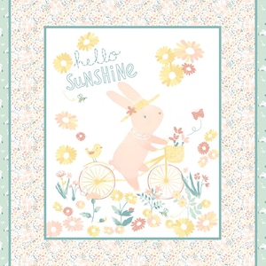 New Large Baby NURSERY SUNNY BUNNY on 100% Cotton Panel for quilts, crafts, wall hanging Hello Sunshine!