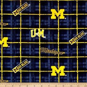 NCAA UNIVERSITY of MICHIGAN WOLVERINEs Plaid Print 100% cotton fabric material  licensed for Crafts and Home Decor