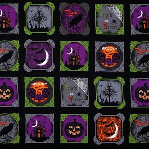 May include: Black Halloween-themed fabric with repeating square designs. Each square features spooky imagery like a raven, jack-o'-lantern, haunted house, and the words "Trick or Treat" and "Spooky". The designs are framed in green.