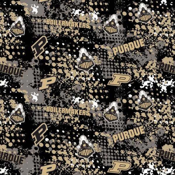 NCAA PURDUE BOILERMAKERS Splatter Print Football 100% cotton fabric material you choose length licensed Quilts