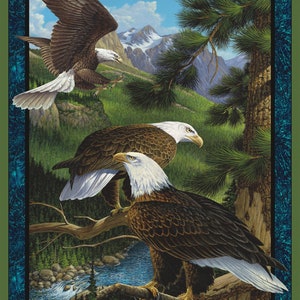 New Large AMERICAN BALD EAGLES in tree on 100% Cotton Panel for quilts, crafts, wall hanging style #2