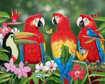 May include: A vibrant painting featuring three red macaws with yellow and blue wing feathers, a black-billed toucan, a small blue bird, a green tree frog, and various tropical flowers including pink and white orchids and orange bird of paradise.