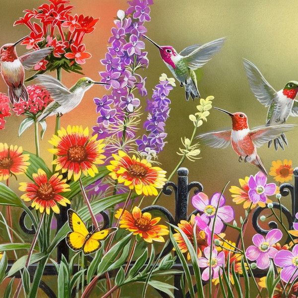 Nouveaux grands oiseaux sauvages, Colibri à gorge rubis et fleurs sur panneau 100 % coton pour courtepointe, travaux manuels, suspension murale Style n° 2