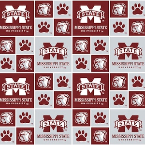 May include: A maroon and white fabric with a repeating pattern of the Mississippi State University logo, a bulldog mascot, and paw prints. The logo features the letters "STATE" and the letter "M" in a white banner. The bulldog mascot is white with a maroon nose and tongue. The paw prints are maroon.