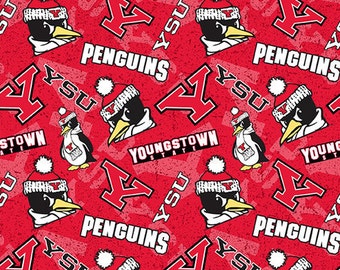 NCAA YOUNGSTOWN STATE PENGUINs Watermark Print Football 100% cotton fabric material you choose length licensed Quilts