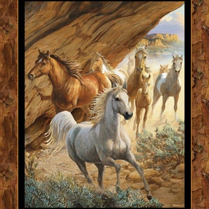 New Large WILD HORSEs INDEPENDENCE PASS Horse on this 100% Cotton Panel for quilts, crafts, wall hanging Style #13