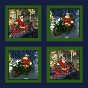 New CRUISING WITH SANTA on Motorcycles 100% Cotton Pillow Panels - 4 Panels including border trim ribbon