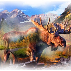 May include: A brown moose with large antlers stands in a forest setting. The moose is partially transparent, revealing a scenic landscape of mountains, trees, and a river in the background.