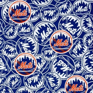 May include: A pattern of blue and white circles featuring the New York Mets logo. Each circle has the word "Mets" in white script, a baseball, and a skyline silhouette in white. The logo is in orange and blue.