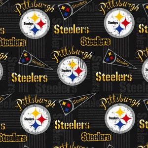 May include: Black and yellow fabric with a repeating pattern of the Pittsburgh Steelers logo, the team name, and the city name. The logo features a black and white football helmet with a yellow star and a red and blue stripe.