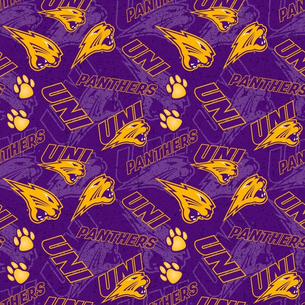 NCAA NORTHERN IOWA PANTHERs Watermark Print Football 100% cotton fabric material you choose length licensed Quilts